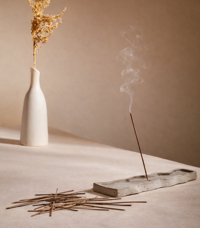 Relaxation incense sticks burning at home to support stress relief and calm mood